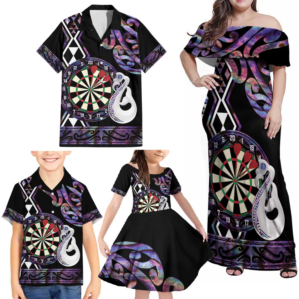 Personalised New Zealand Darts Family Matching Off Shoulder Maxi Dress and Hawaiian Shirt Ngutukaka Manaia Taniko Luxury Purple - Polynesian Pride