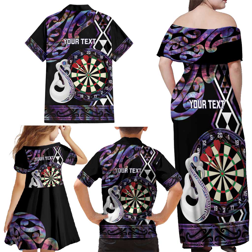 Personalised New Zealand Darts Family Matching Off Shoulder Maxi Dress and Hawaiian Shirt Ngutukaka Manaia Taniko Luxury Purple - Polynesian Pride