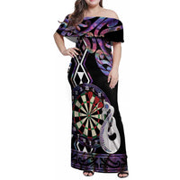 Personalised New Zealand Darts Family Matching Off Shoulder Maxi Dress and Hawaiian Shirt Ngutukaka Manaia Taniko Luxury Purple - Polynesian Pride