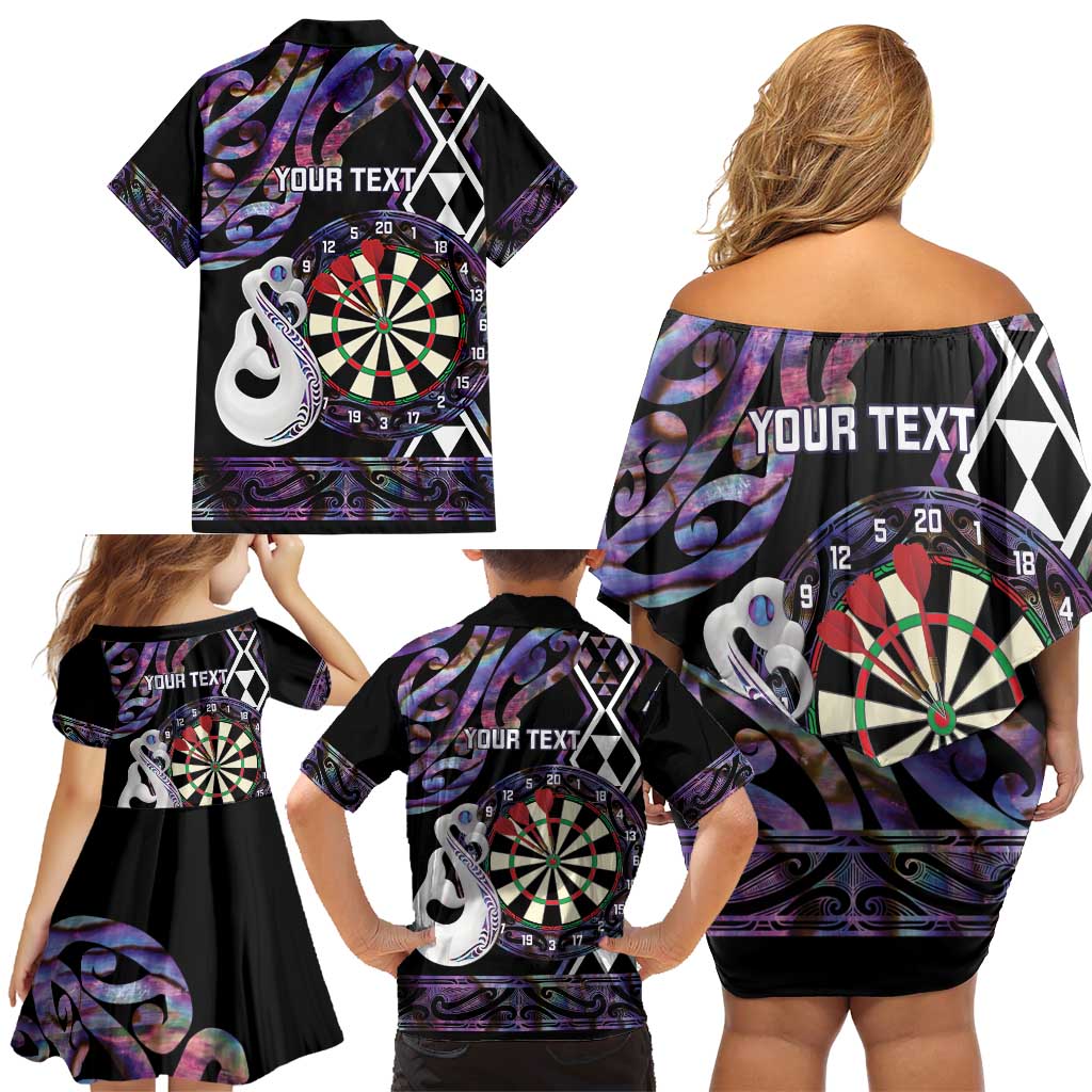 Personalised New Zealand Darts Family Matching Off Shoulder Short Dress and Hawaiian Shirt Ngutukaka Manaia Taniko Luxury Purple - Polynesian Pride