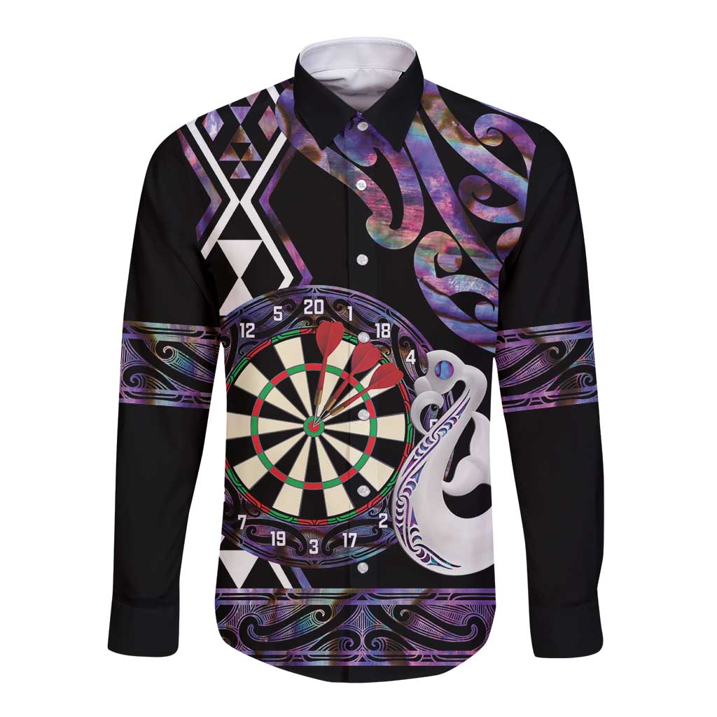 Personalised New Zealand Darts Long Sleeve Button Shirt Ngutukaka Manaia Taniko Luxury Purple - Polynesian Pride