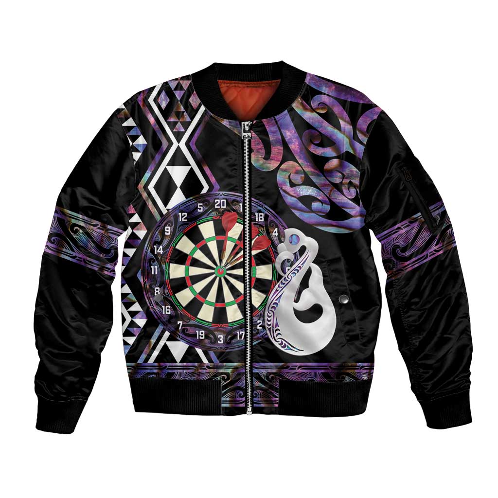 Personalised New Zealand Darts Sleeve Zip Bomber Jacket Ngutukaka Manaia Taniko Luxury Purple - Polynesian Pride
