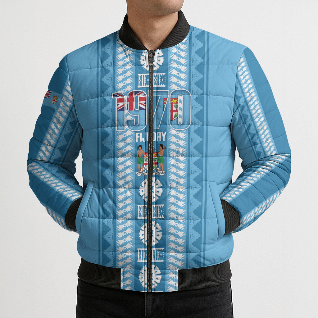 Fiji Day 1970 Bomber Puffer Jacket For Fiji Ever Fiji Tapa Pattern Blue LT14 - Polynesian Pride