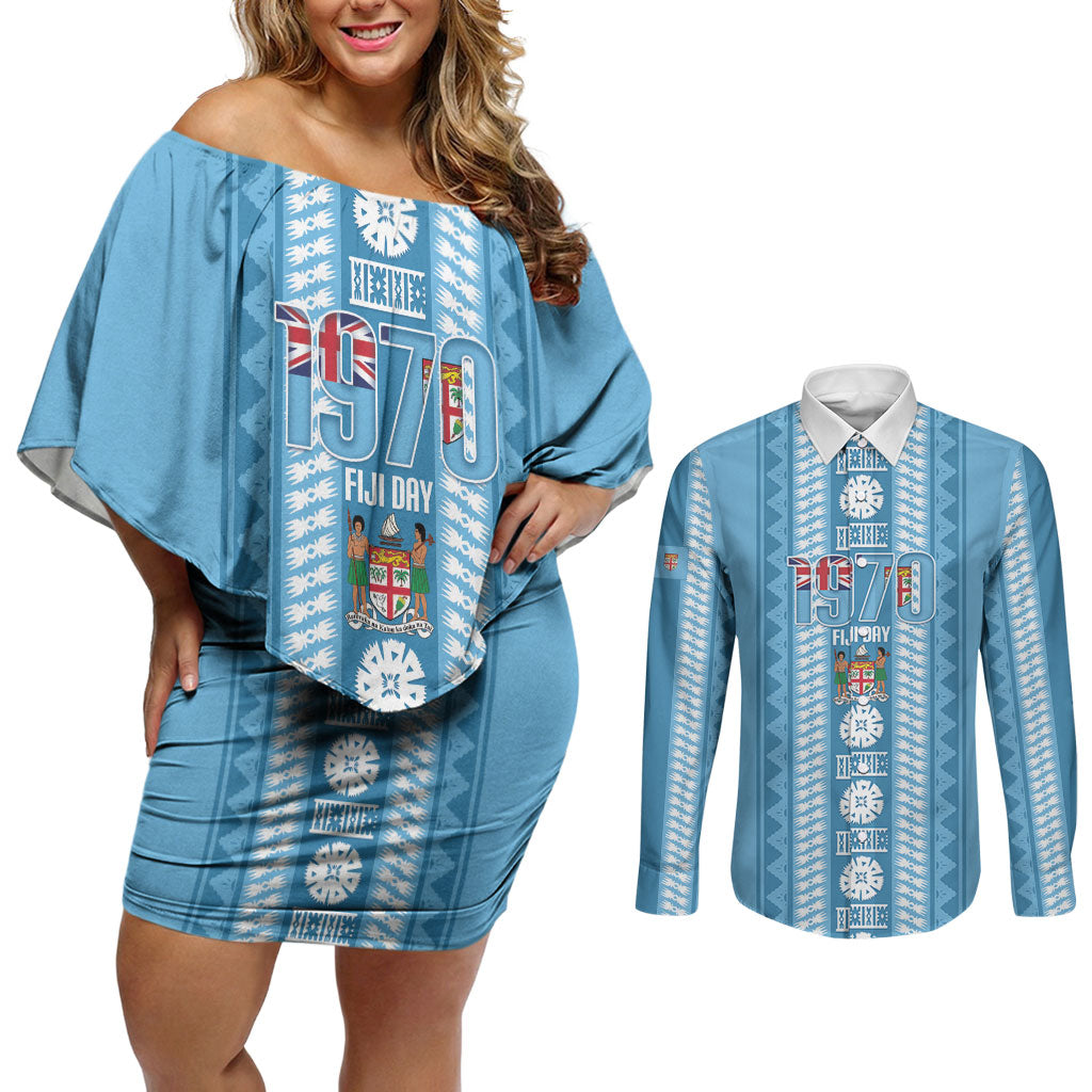 Fiji Day 1970 Couples Matching Off Shoulder Short Dress and Long Sleeve Button Shirt For Fiji Ever Fiji Tapa Pattern Blue LT14 Blue - Polynesian Pride