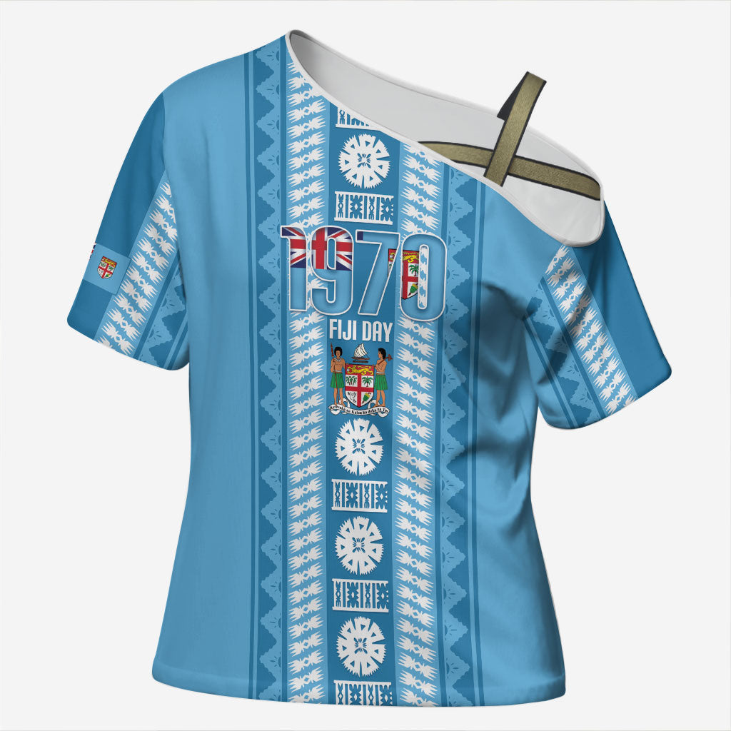 Fiji Day 1970 Cross Shoulder Shirt For Fiji Ever Fiji Tapa Pattern Blue LT14 Female Blue - Polynesian Pride