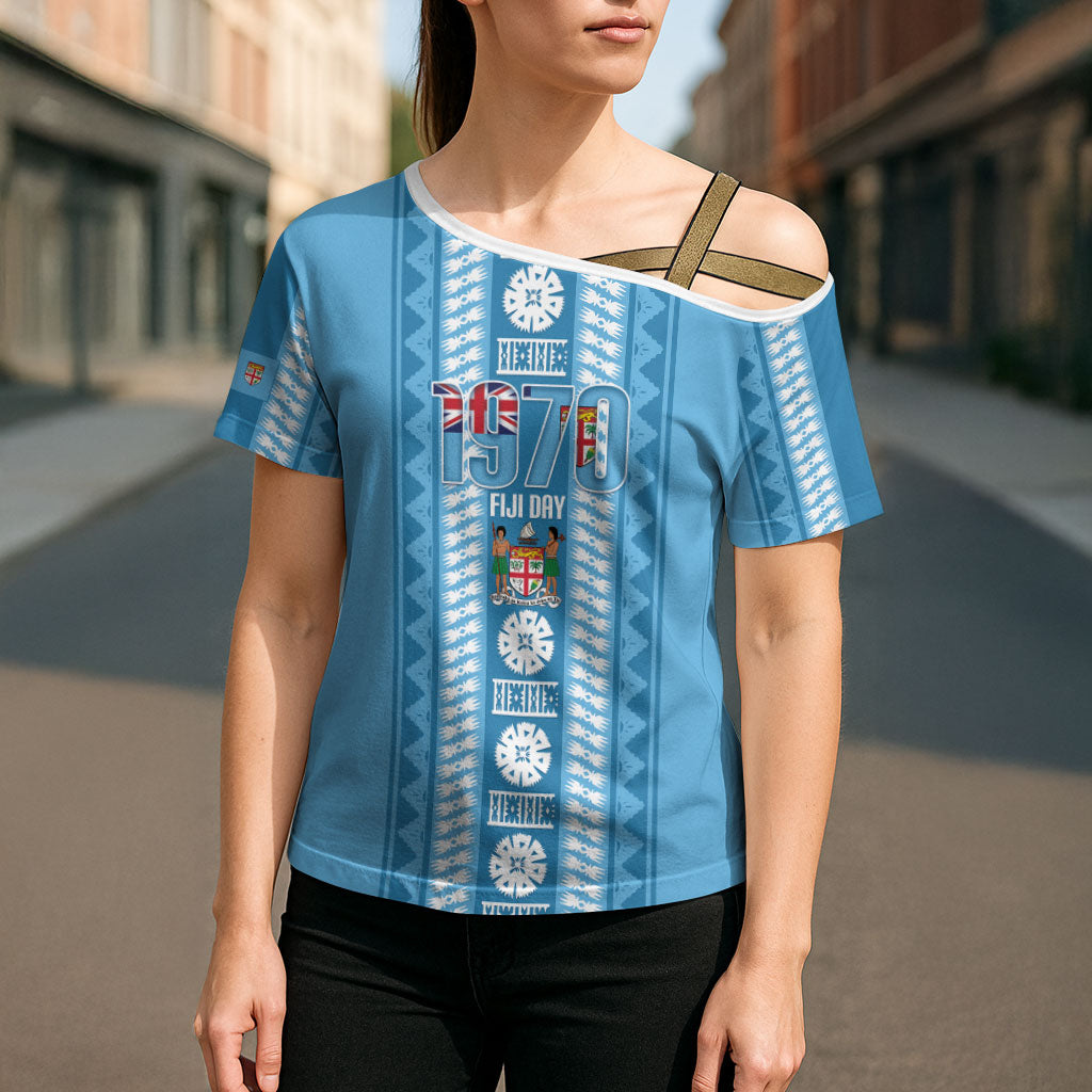 Fiji Day 1970 Cross Shoulder Shirt For Fiji Ever Fiji Tapa Pattern Blue LT14 - Polynesian Pride