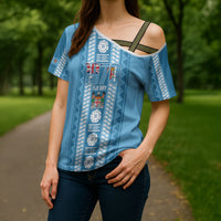 Fiji Day 1970 Cross Shoulder Shirt For Fiji Ever Fiji Tapa Pattern Blue LT14 - Polynesian Pride