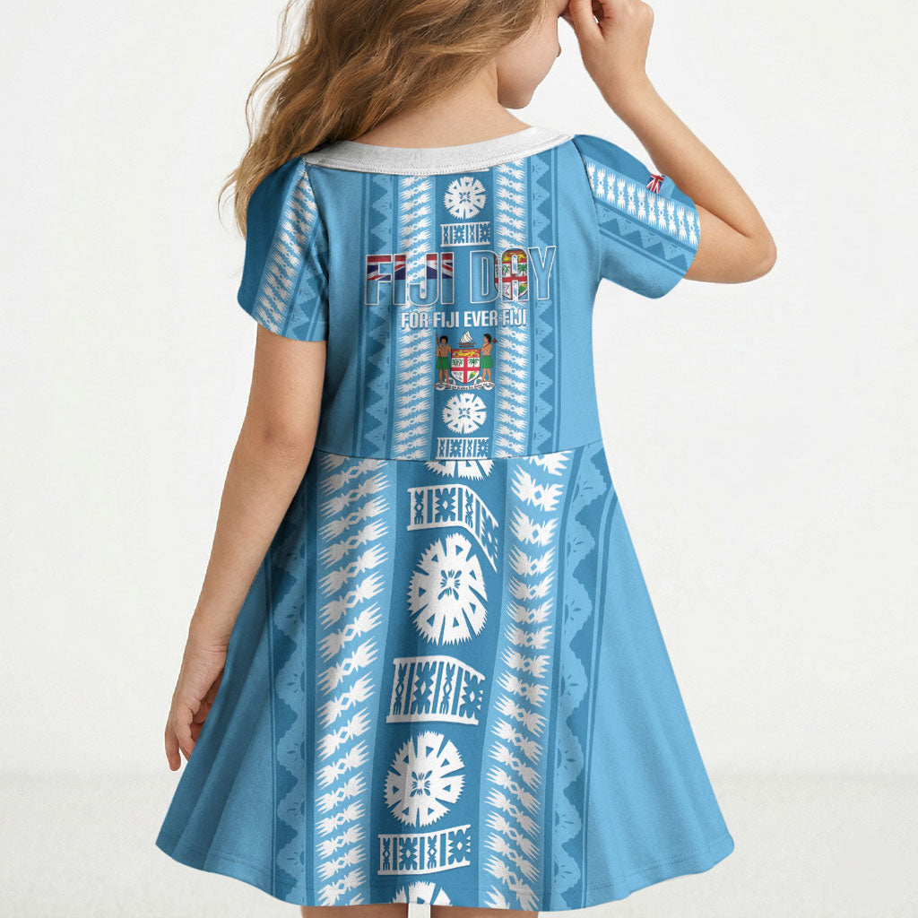 Fiji Day 1970 Kid Short Sleeve Dress For Fiji Ever Fiji Tapa Pattern Blue LT14 - Polynesian Pride