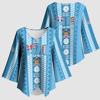 Fiji Day 1970 Kimono Sleeve Blouse For Fiji Ever Fiji Tapa Pattern Blue LT14 - Polynesian Pride