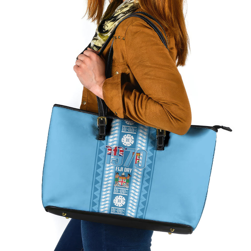 Fiji Day 1970 Leather Tote Bag For Fiji Ever Fiji Tapa Pattern Blue LT14 Blue - Polynesian Pride