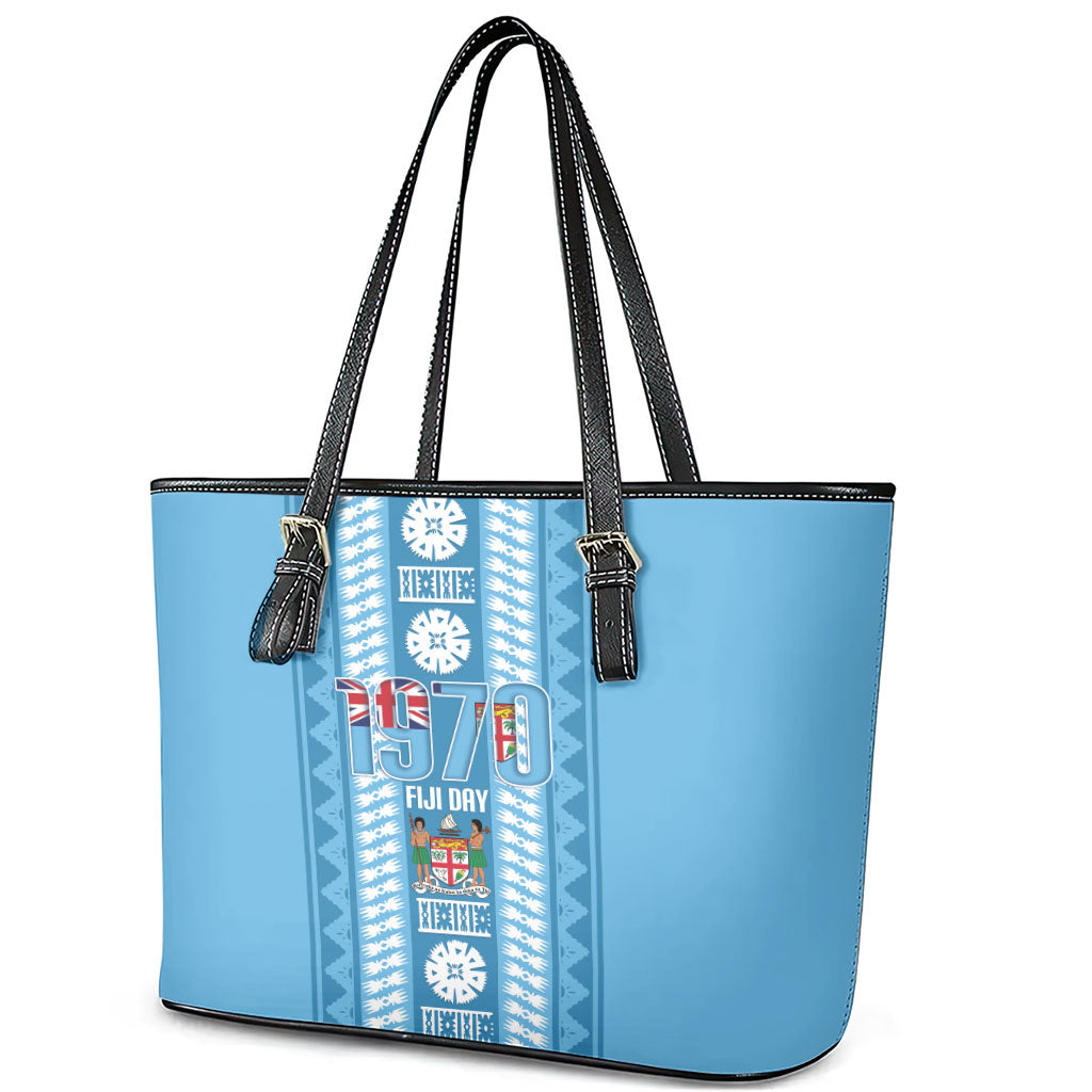 Fiji Day 1970 Leather Tote Bag For Fiji Ever Fiji Tapa Pattern Blue LT14 - Polynesian Pride