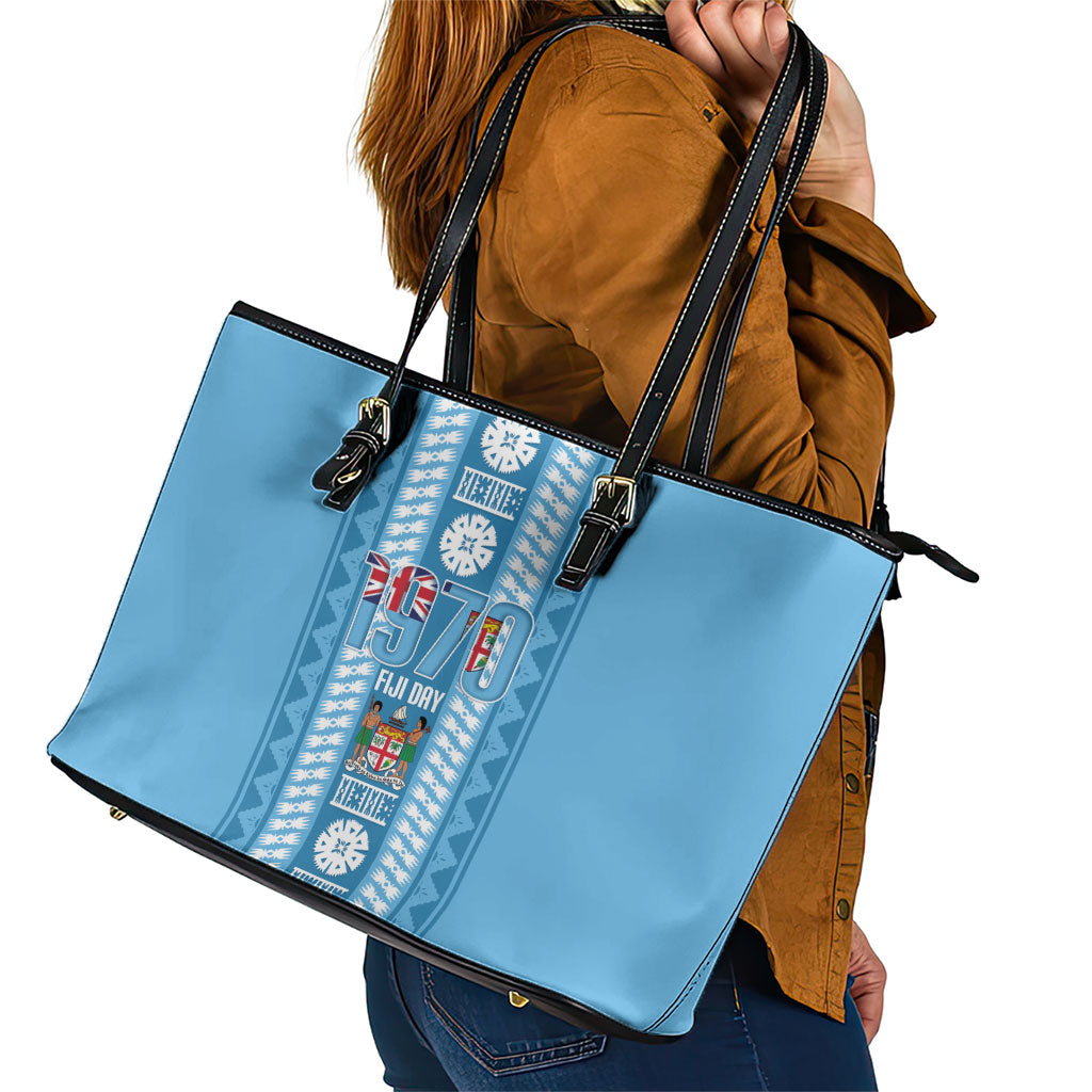 Fiji Day 1970 Leather Tote Bag For Fiji Ever Fiji Tapa Pattern Blue LT14 - Polynesian Pride