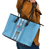 Fiji Day 1970 Leather Tote Bag For Fiji Ever Fiji Tapa Pattern Blue LT14 - Polynesian Pride