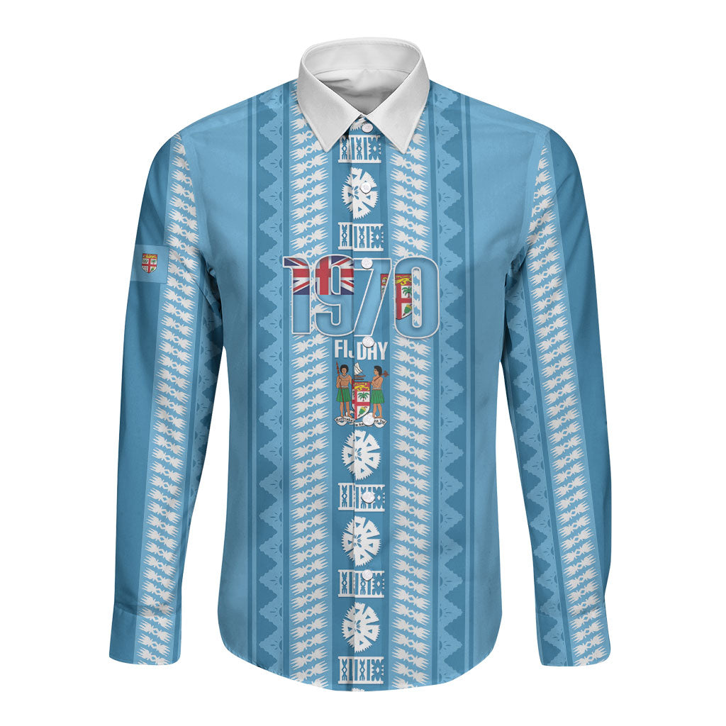 Fiji Day 1970 Long Sleeve Button Shirt For Fiji Ever Fiji Tapa Pattern Blue LT14 Unisex Blue - Polynesian Pride