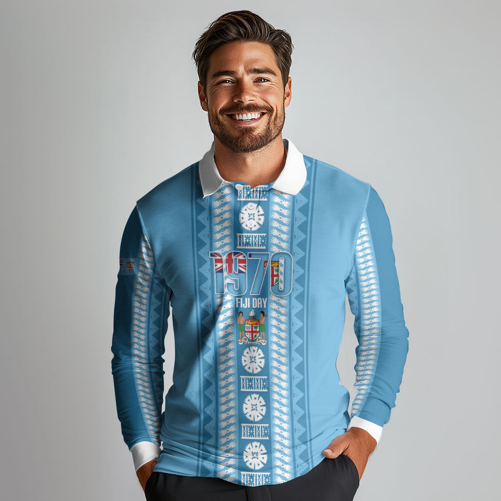 Fiji Day 1970 Long Sleeve Polo Shirt For Fiji Ever Fiji Tapa Pattern Blue LT14 - Polynesian Pride