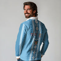 Fiji Day 1970 Long Sleeve Polo Shirt For Fiji Ever Fiji Tapa Pattern Blue LT14 - Polynesian Pride