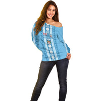 Fiji Day 1970 Off Shoulder Sweater For Fiji Ever Fiji Tapa Pattern Blue LT14 - Polynesian Pride