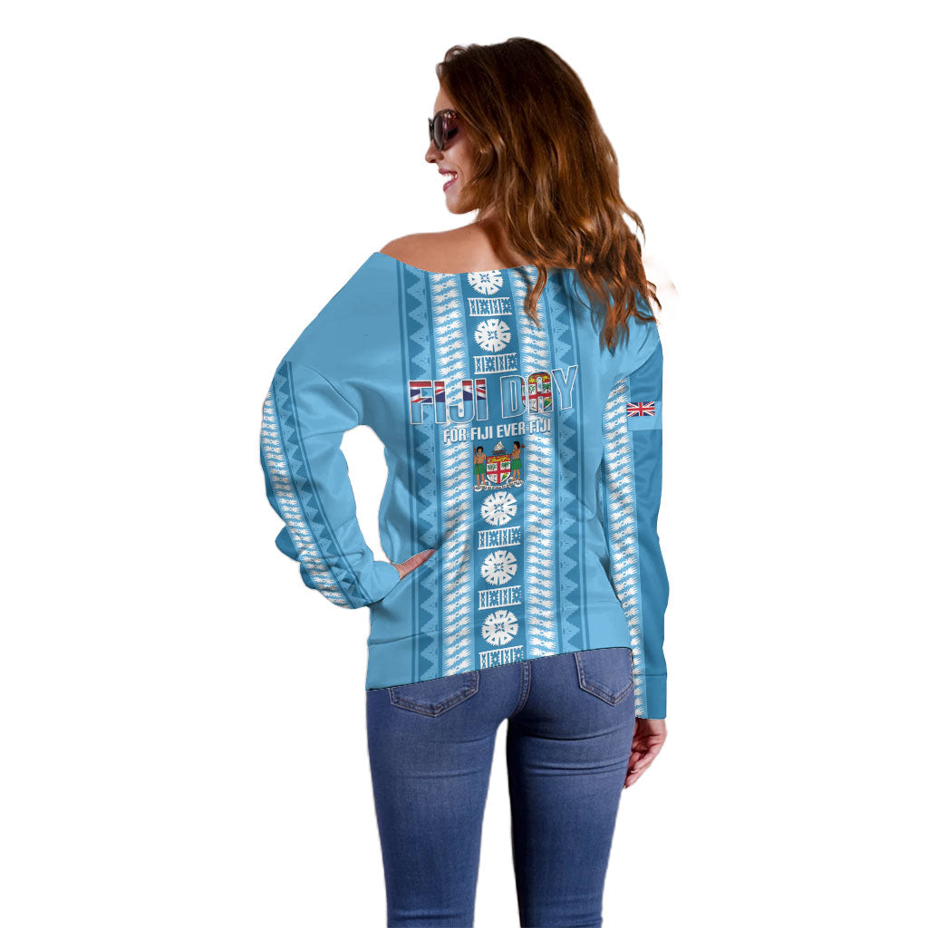 Fiji Day 1970 Off Shoulder Sweater For Fiji Ever Fiji Tapa Pattern Blue LT14 - Polynesian Pride