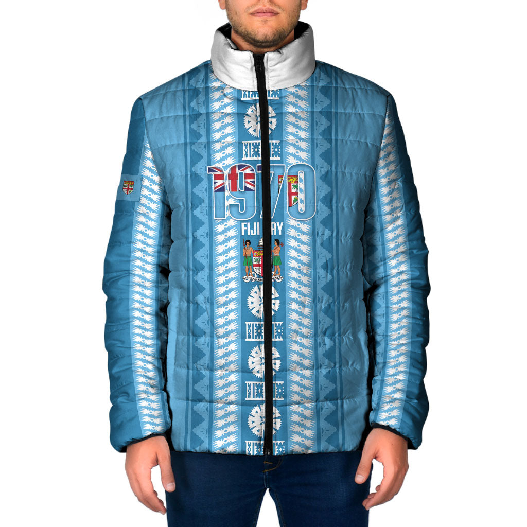 Fiji Day 1970 Padded Jacket For Fiji Ever Fiji Tapa Pattern Blue LT14 Men Blue - Polynesian Pride