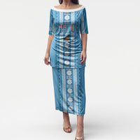Fiji Day 1970 Puletasi For Fiji Ever Fiji Tapa Pattern Blue LT14 Long Dress Blue - Polynesian Pride