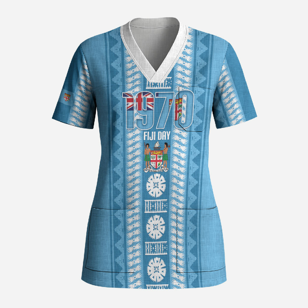 Fiji Day 1970 Scrub Top For Fiji Ever Fiji Tapa Pattern Blue LT14 Adult Blue - Polynesian Pride