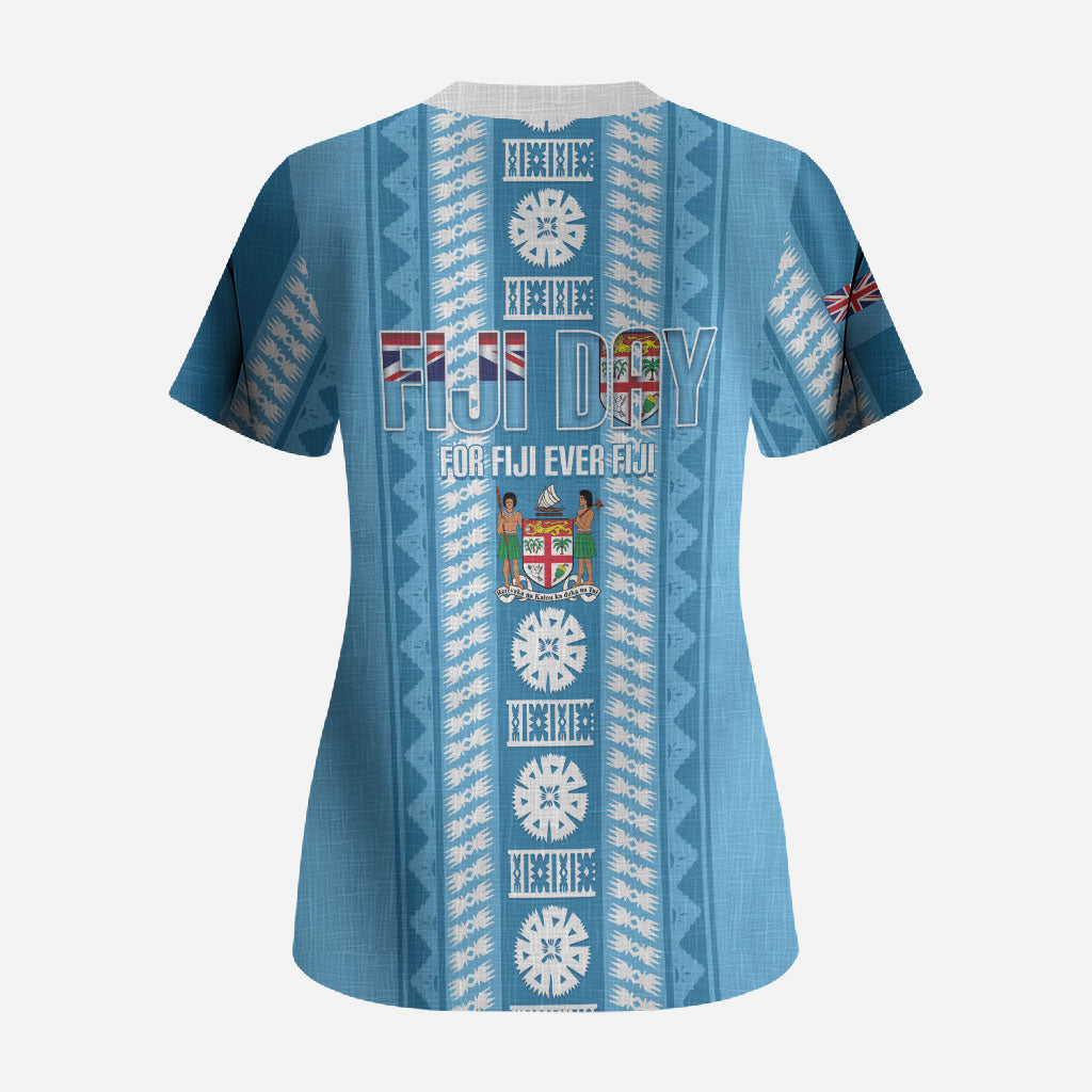 Fiji Day 1970 Scrub Top For Fiji Ever Fiji Tapa Pattern Blue LT14 - Polynesian Pride