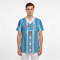 Fiji Day 1970 Scrub Top For Fiji Ever Fiji Tapa Pattern Blue LT14 - Polynesian Pride