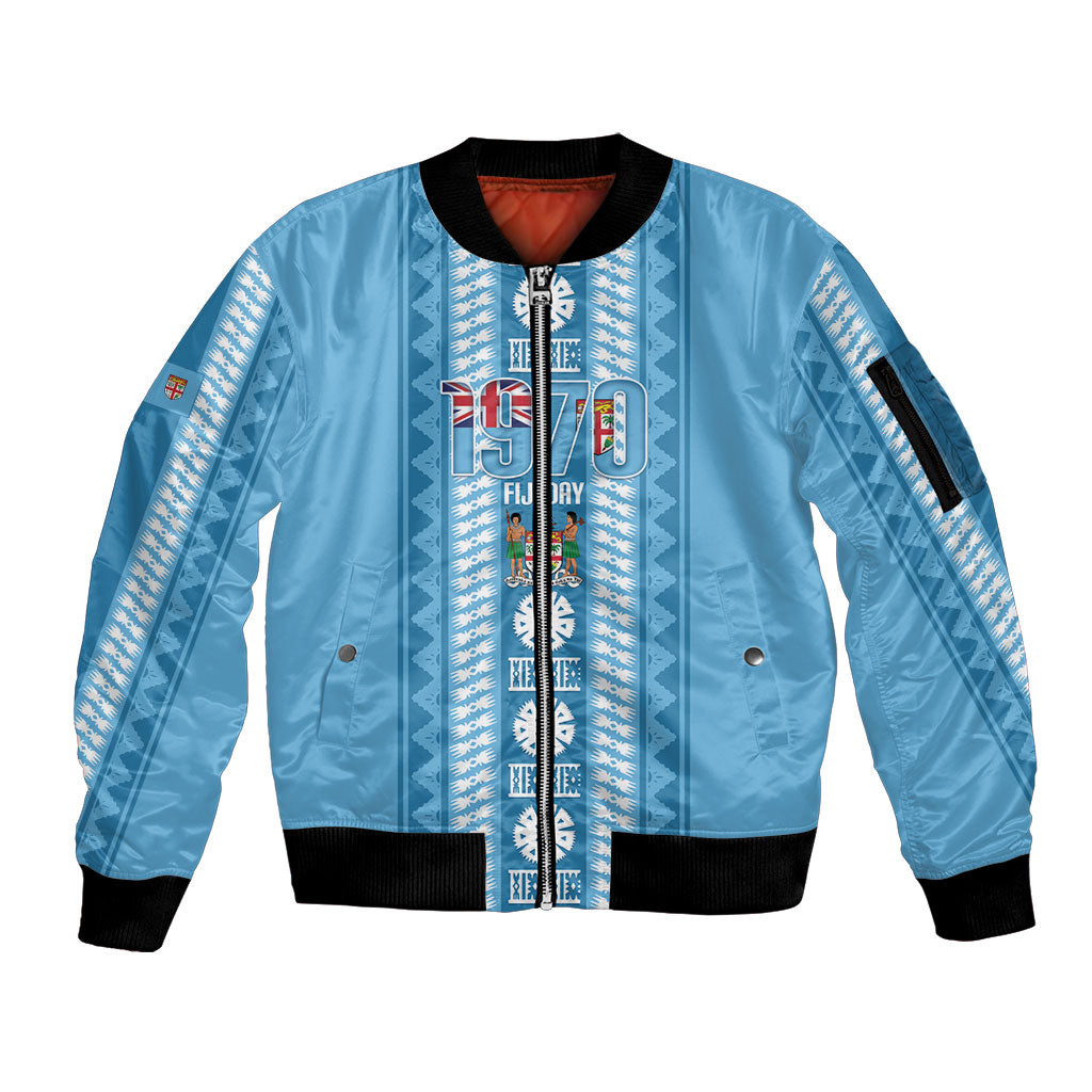 Fiji Day 1970 Sleeve Zip Bomber Jacket For Fiji Ever Fiji Tapa Pattern Blue LT14 Unisex Blue - Polynesian Pride