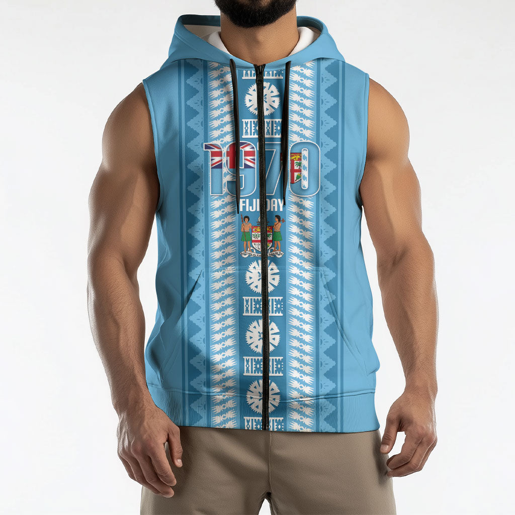 Fiji Day 1970 Sleeveless Zip Hoodie For Fiji Ever Fiji Tapa Pattern Blue LT14 - Polynesian Pride