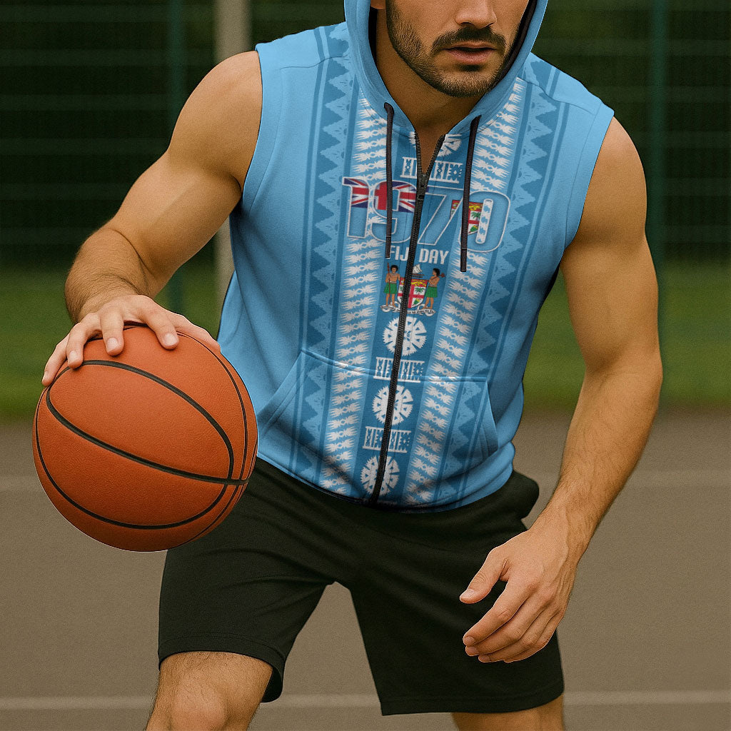 Fiji Day 1970 Sleeveless Zip Hoodie For Fiji Ever Fiji Tapa Pattern Blue LT14 - Polynesian Pride