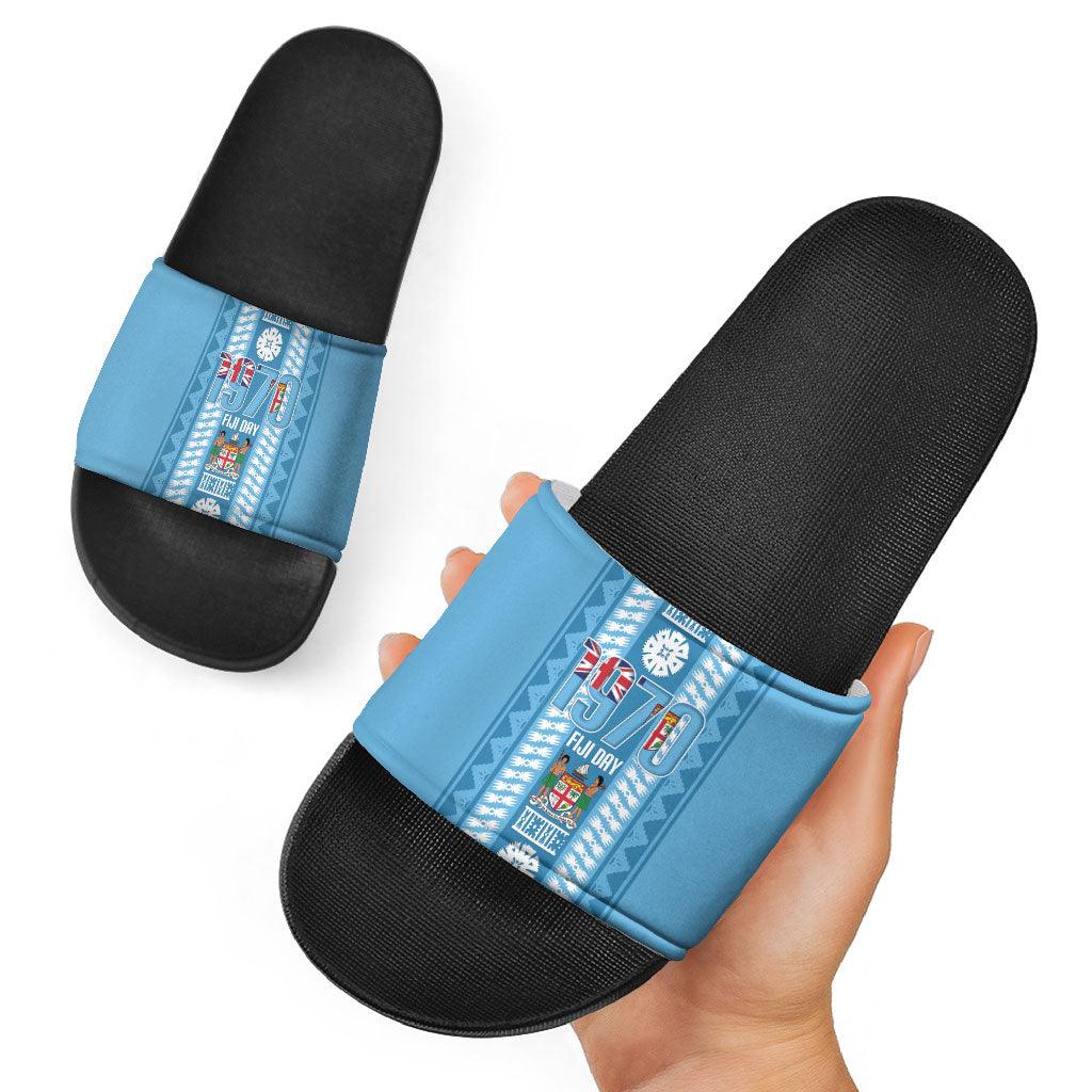 Fiji Day 1970 Slide Sandals For Fiji Ever Fiji Tapa Pattern Blue LT14 - Polynesian Pride
