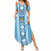 Fiji Day 1970 Summer Maxi Dress For Fiji Ever Fiji Tapa Pattern Blue LT14 Women Blue - Polynesian Pride