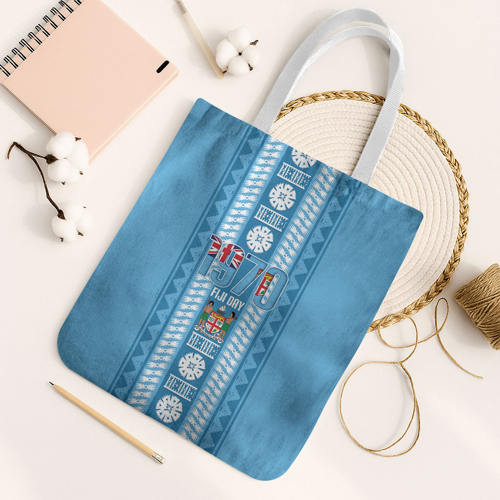 Fiji Day 1970 Tote Bag For Fiji Ever Fiji Tapa Pattern Blue LT14 White Strap One Size Blue - Polynesian Pride