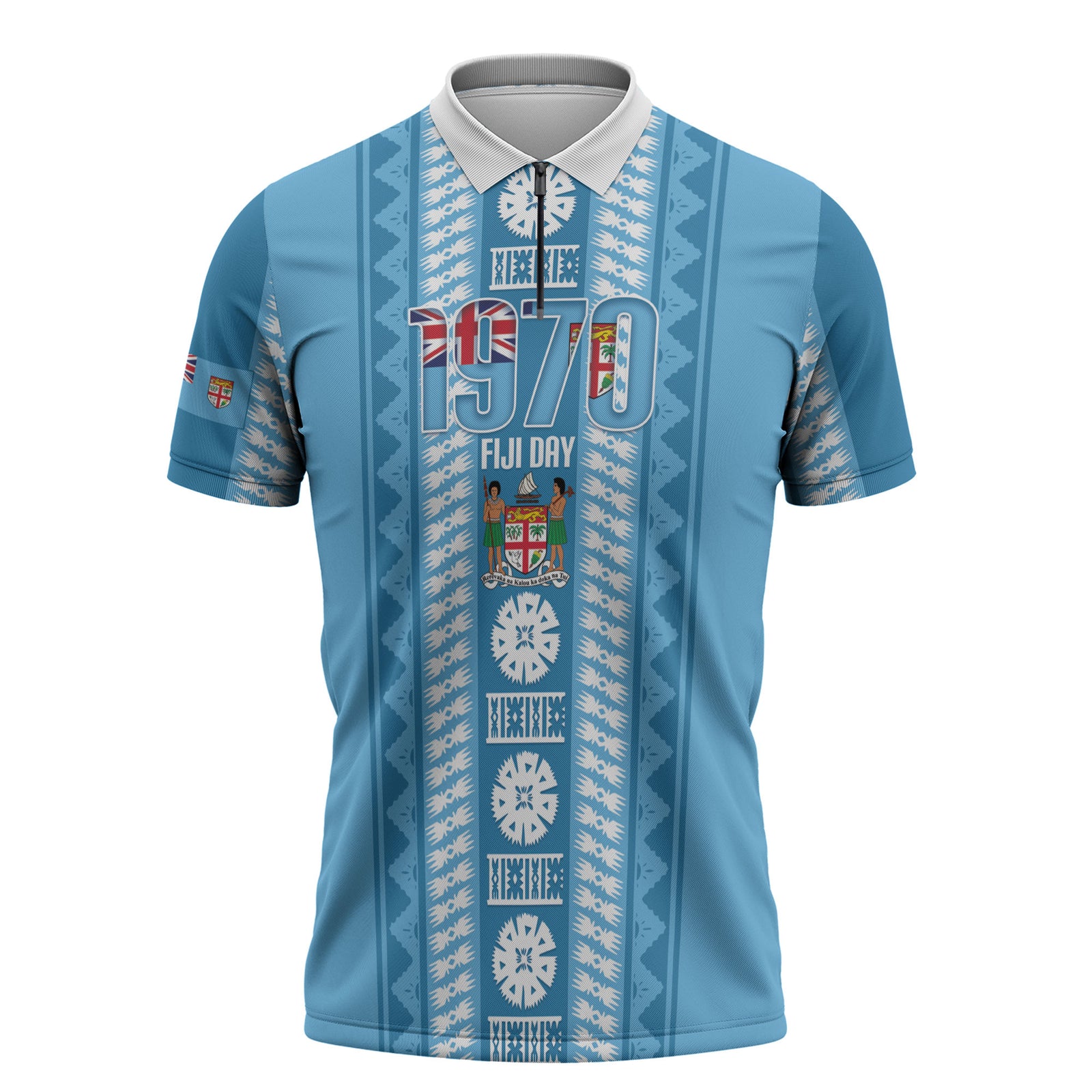 Fiji Day 1970 Zipper Polo Shirt For Fiji Ever Fiji Tapa Pattern Blue LT14 Blue - Polynesian Pride
