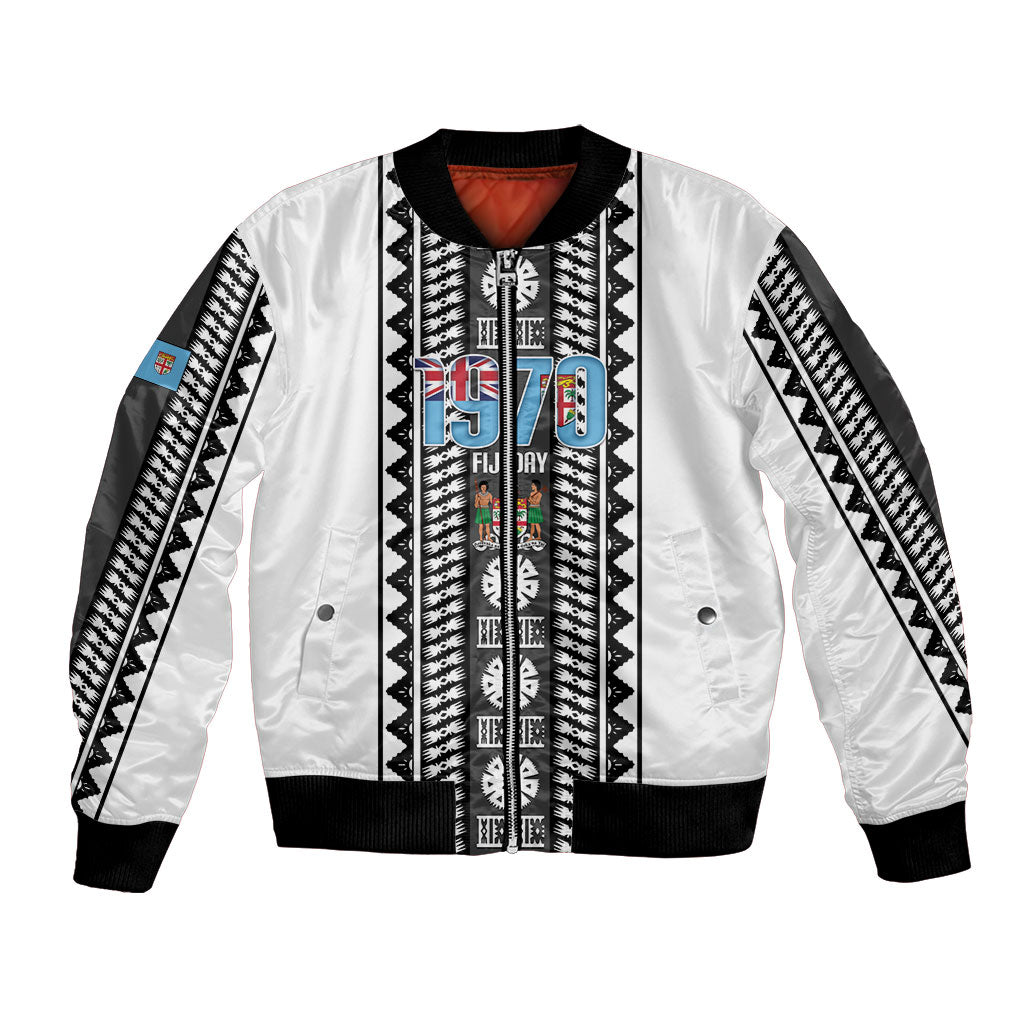Fiji Day 1970 Bomber Jacket For Fiji Ever Fiji Tapa Pattern White LT14 Unisex White - Polynesian Pride