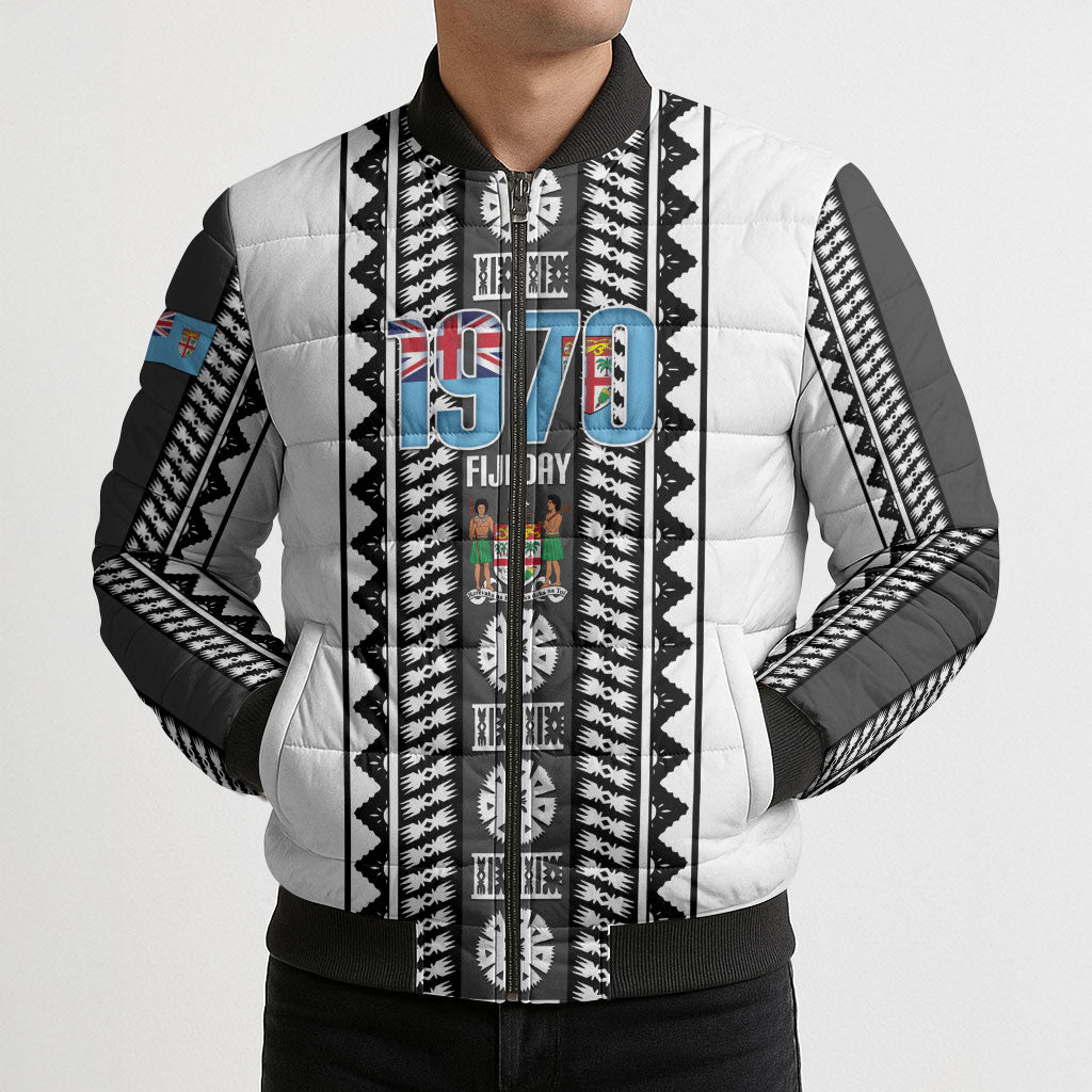 Fiji Day 1970 Bomber Puffer Jacket For Fiji Ever Fiji Tapa Pattern White LT14 - Polynesian Pride