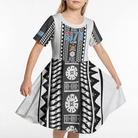 Fiji Day 1970 Kid Short Sleeve Dress For Fiji Ever Fiji Tapa Pattern White LT14 - Polynesian Pride