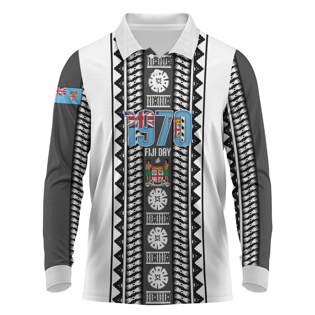 Fiji Day 1970 Long Sleeve Polo Shirt For Fiji Ever Fiji Tapa Pattern White LT14 White - Polynesian Pride