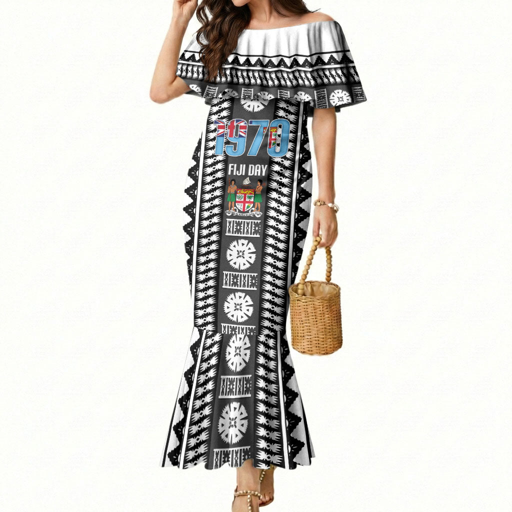 Fiji Day 1970 Mermaid Dress For Fiji Ever Fiji Tapa Pattern White LT14 Women White - Polynesian Pride