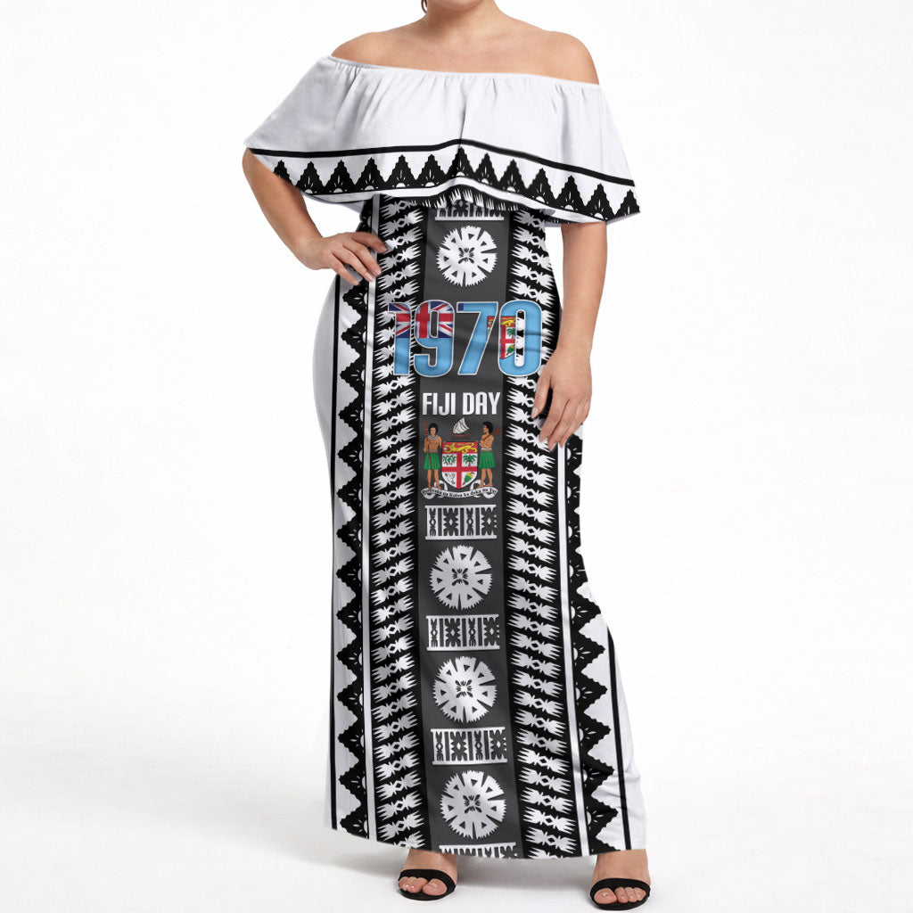 Fiji Day 1970 Off Shoulder Maxi Dress For Fiji Ever Fiji Tapa Pattern White LT14 Women White - Polynesian Pride