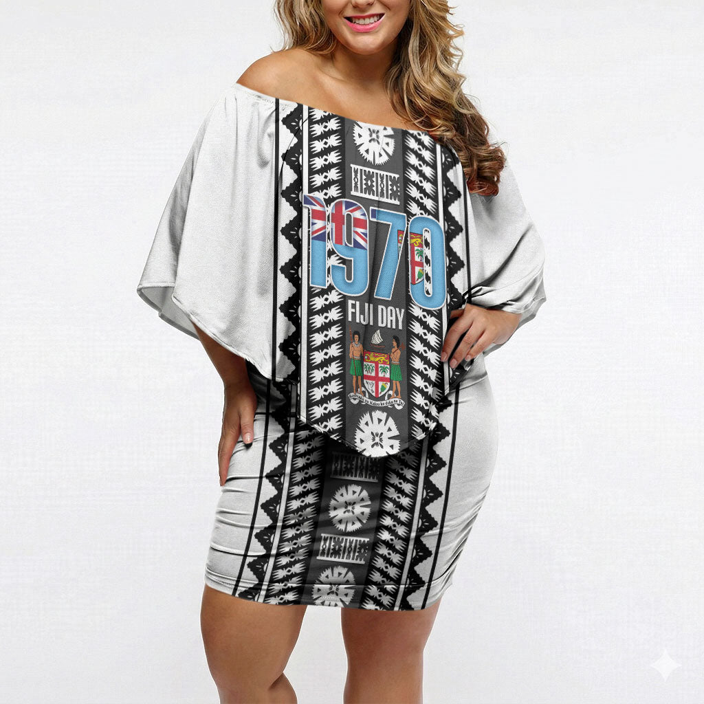 Fiji Day 1970 Off Shoulder Short Dress For Fiji Ever Fiji Tapa Pattern White LT14 Women White - Polynesian Pride