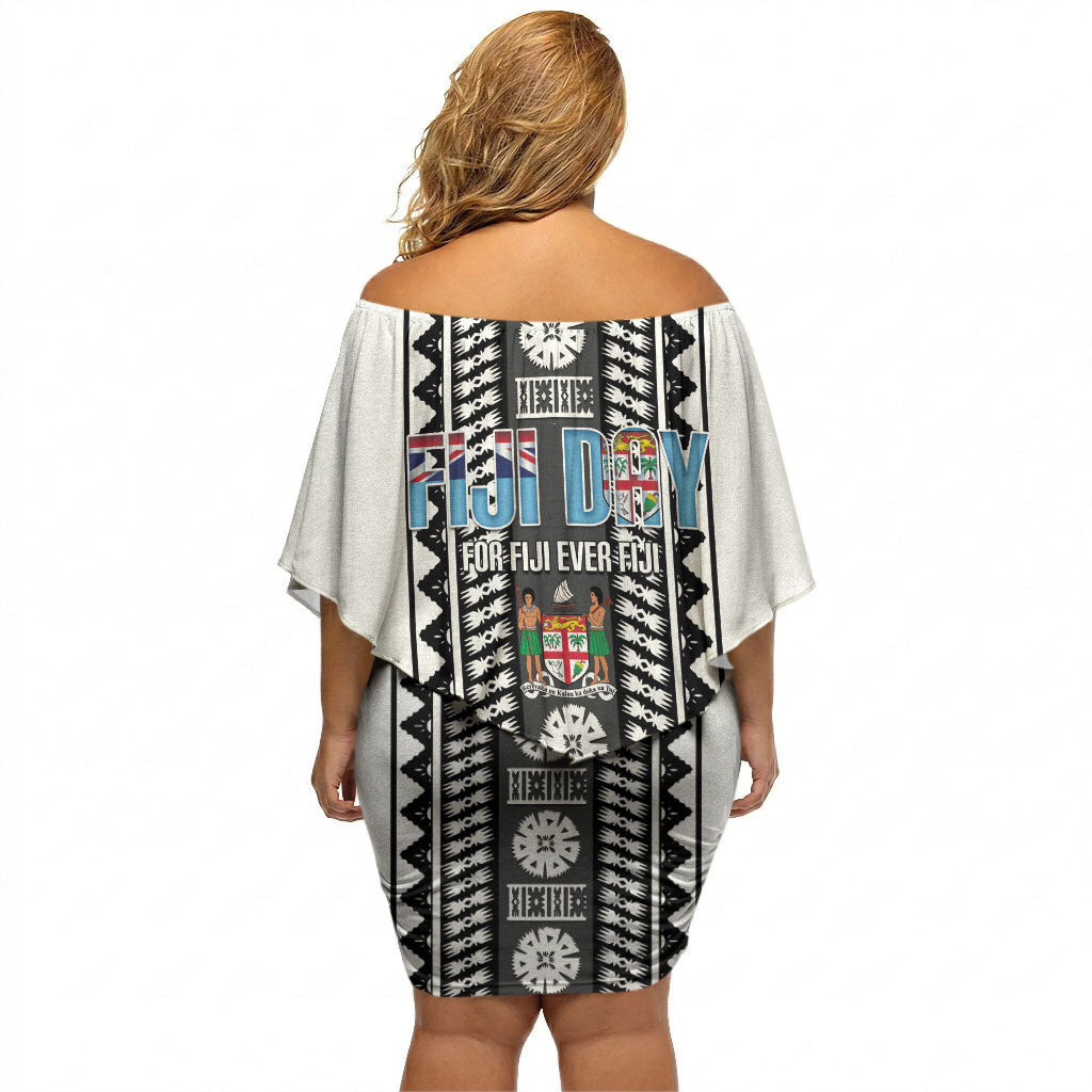 Fiji Day 1970 Off Shoulder Short Dress For Fiji Ever Fiji Tapa Pattern White LT14 - Polynesian Pride