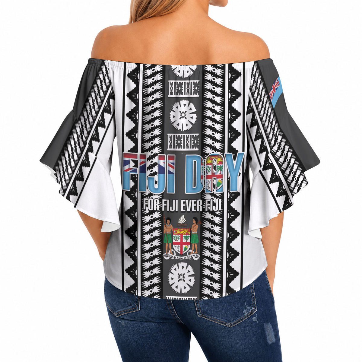 Fiji Day 1970 Off Shoulder Wrap Waist Top For Fiji Ever Fiji Tapa Pattern White LT14 - Polynesian Pride