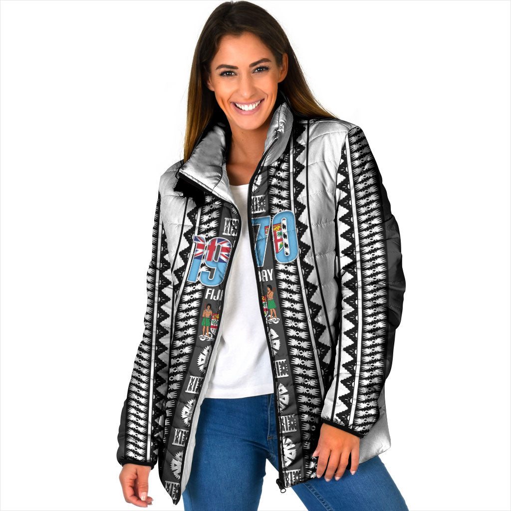 Fiji Day 1970 Padded Jacket For Fiji Ever Fiji Tapa Pattern White LT14 Women White - Polynesian Pride