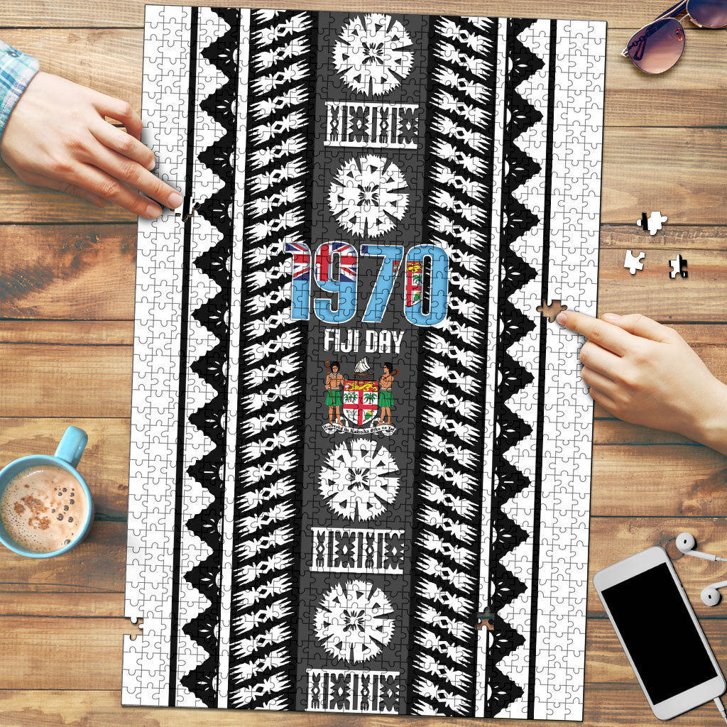 Fiji Day 1970 Puzzle For Fiji Ever Fiji Tapa Pattern White LT14 White - Polynesian Pride