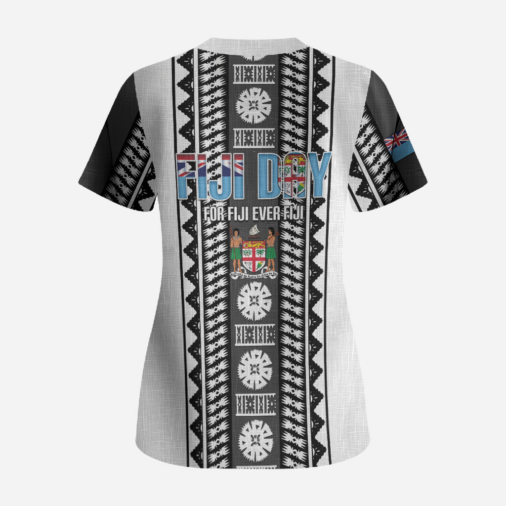 Fiji Day 1970 Scrub Top For Fiji Ever Fiji Tapa Pattern White LT14 - Polynesian Pride