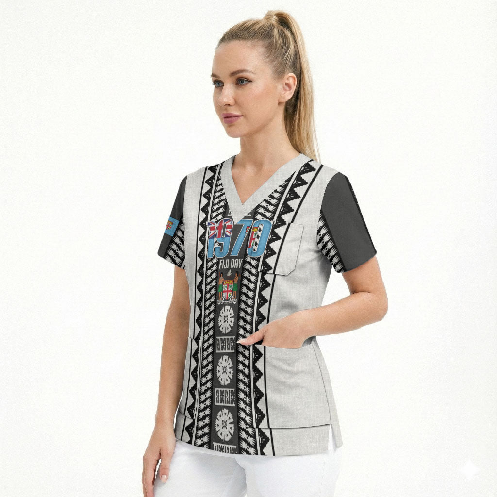 Fiji Day 1970 Scrub Top For Fiji Ever Fiji Tapa Pattern White LT14 - Polynesian Pride