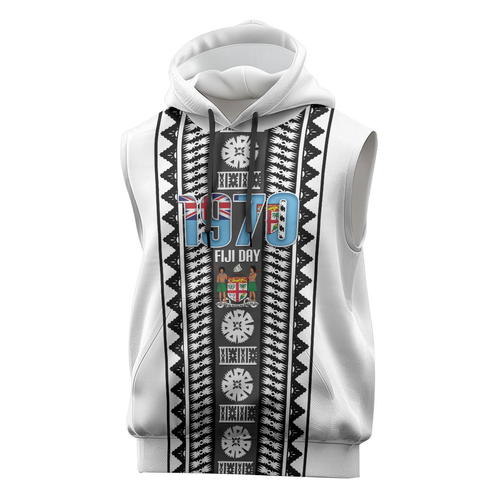 Fiji Day 1970 Sleeveless Hoodie For Fiji Ever Fiji Tapa Pattern White LT14 White - Polynesian Pride