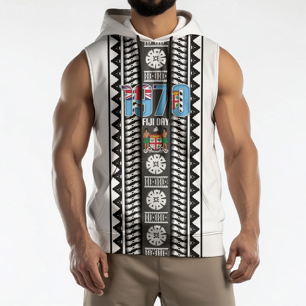 Fiji Day 1970 Sleeveless Hoodie For Fiji Ever Fiji Tapa Pattern White LT14 - Polynesian Pride