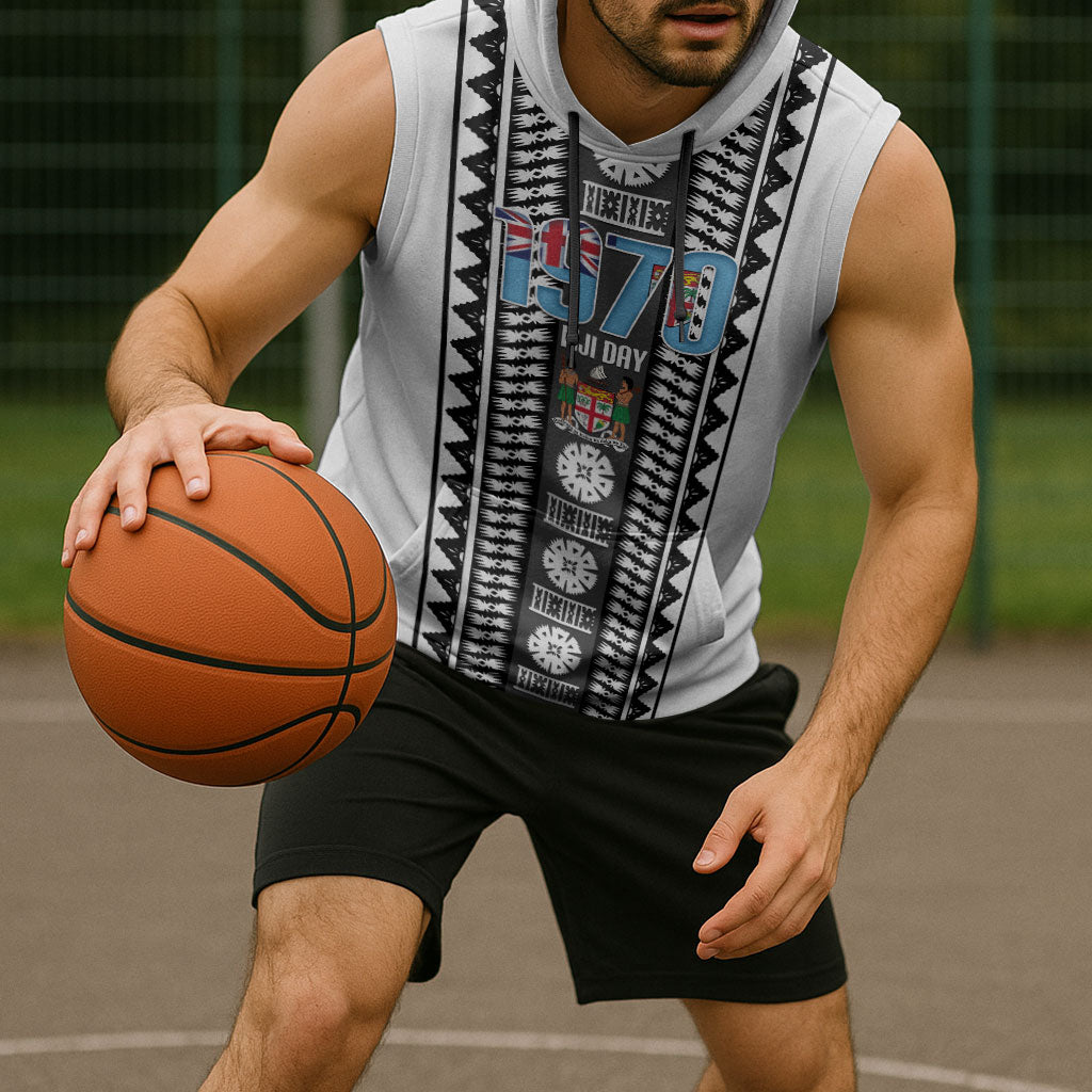 Fiji Day 1970 Sleeveless Hoodie For Fiji Ever Fiji Tapa Pattern White LT14 - Polynesian Pride